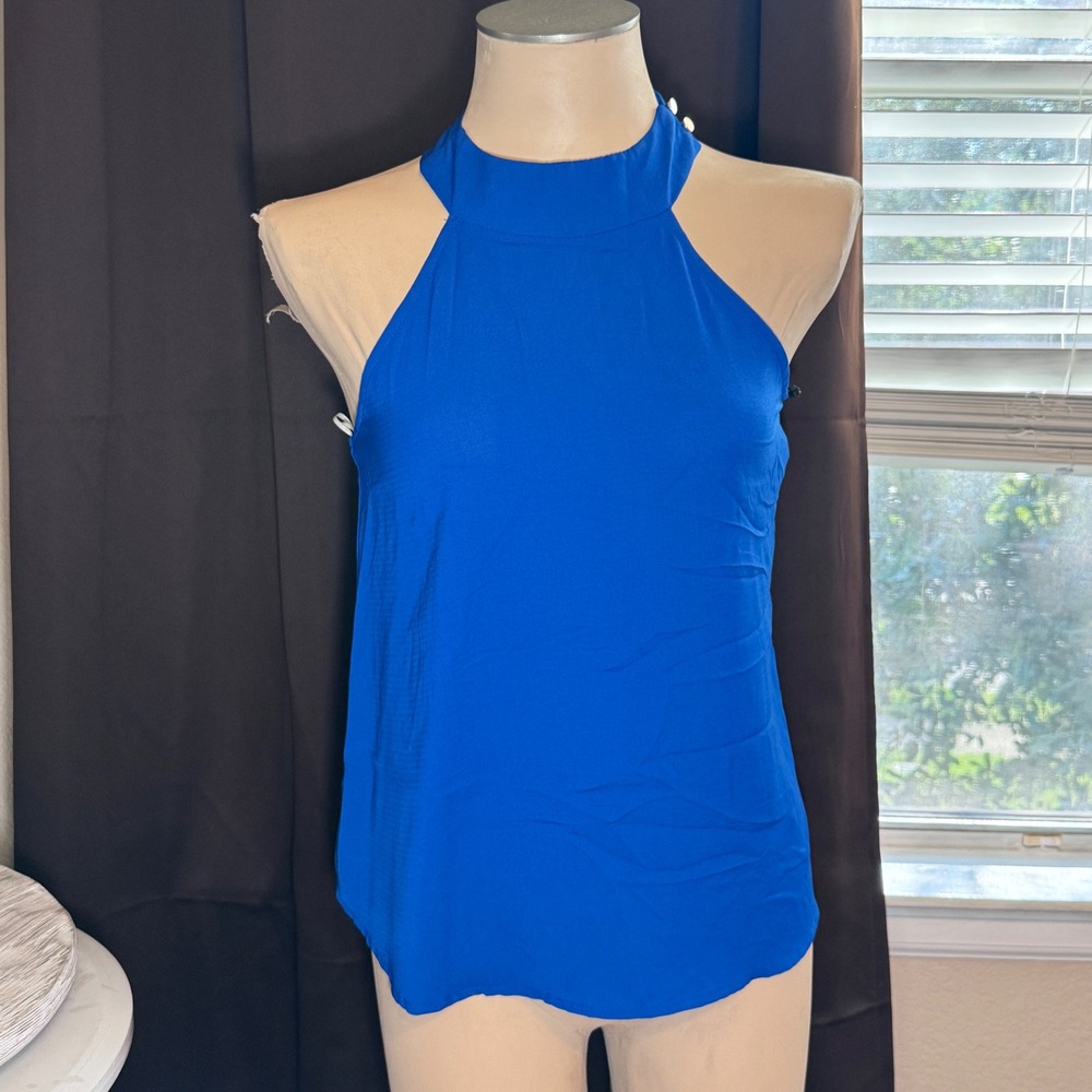 Royal Blue Halter Neck Blouse Twisted Open Back Sleeveless Top Womens Size S